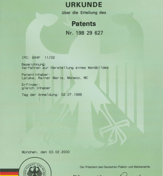 Rainer Maria Latzke erhält ein Patent für die Erfindung seiner neuen Frescografie Technik